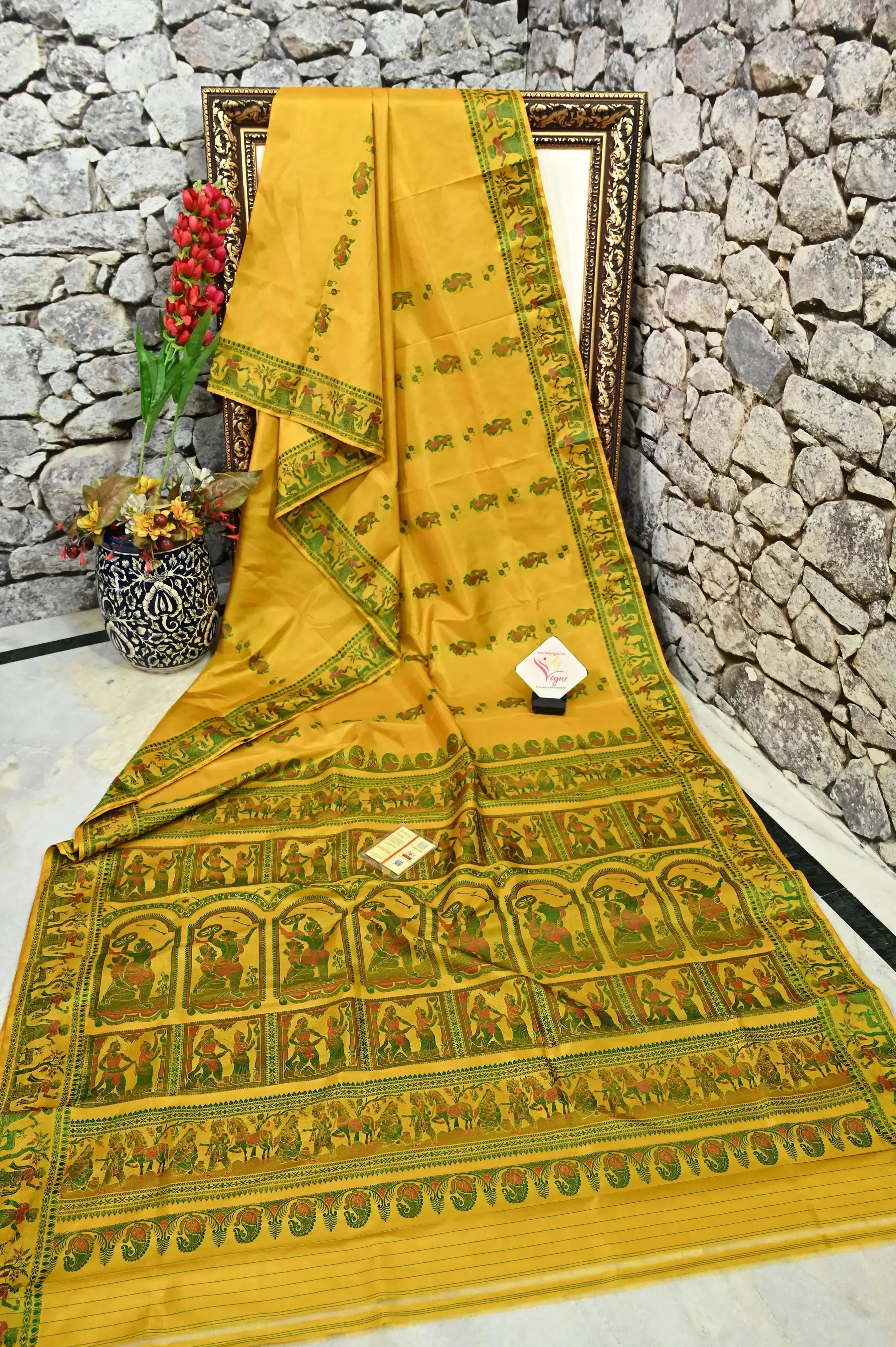 Yellow Color Pure Baluchari Silk Saree with Green and Red Meenakari Work on Border and Pallu