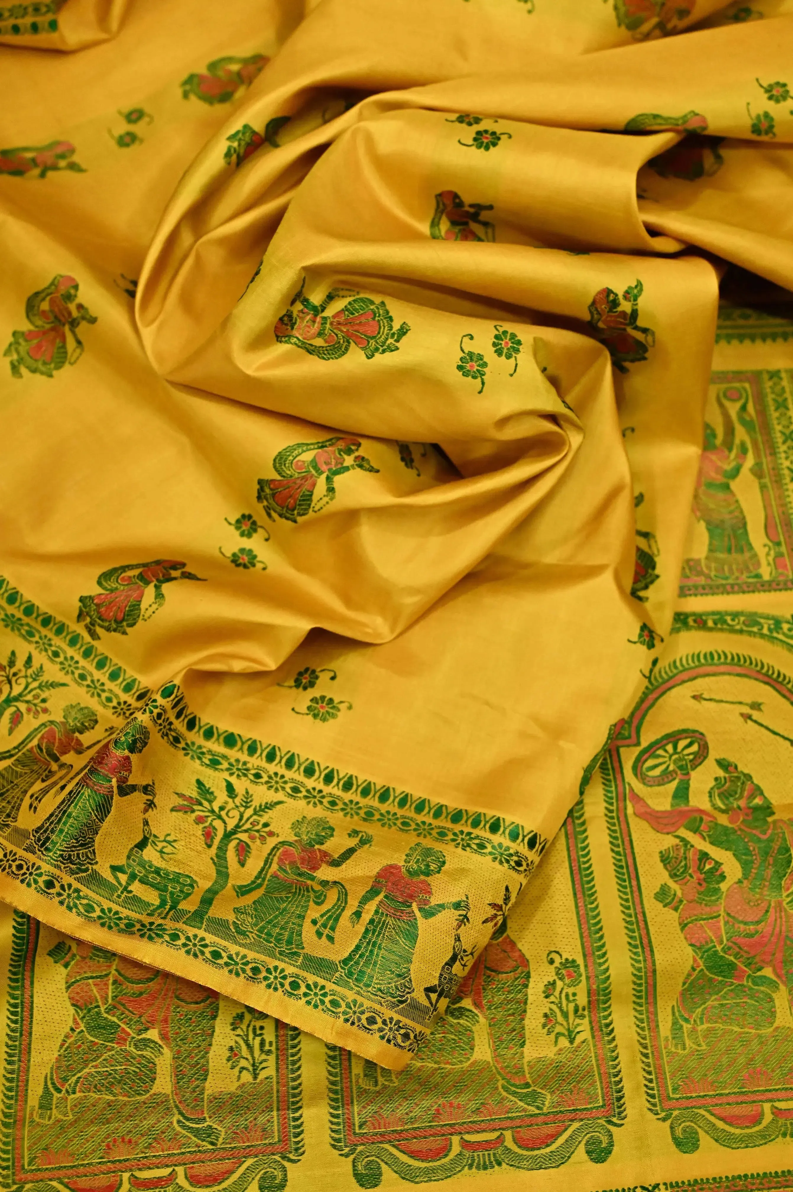 Yellow Color Pure Baluchari Silk Saree with Green and Red Meenakari Work on Border and Pallu