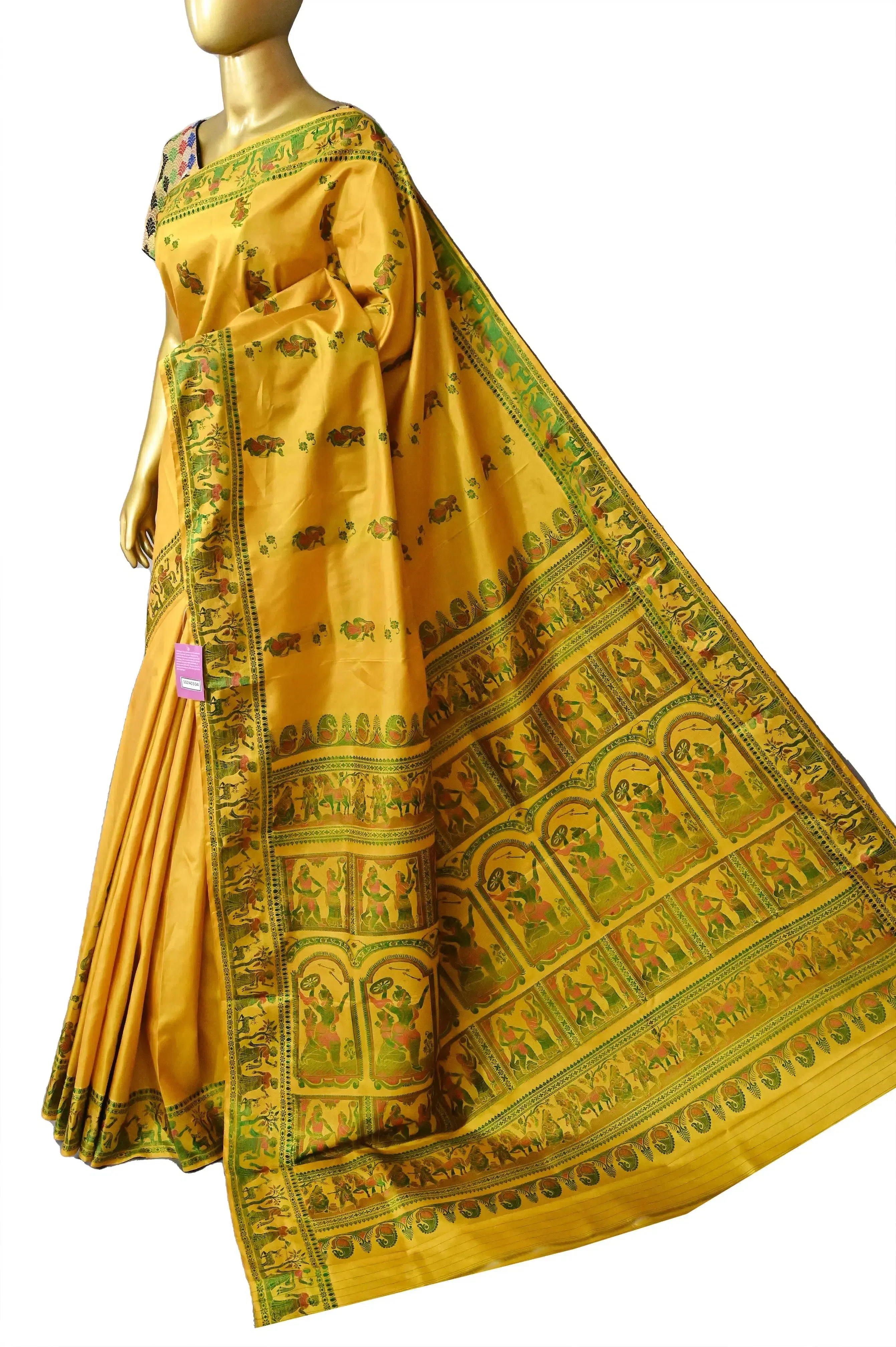 Yellow Color Pure Baluchari Silk Saree with Green and Red Meenakari Work on Border and Pallu