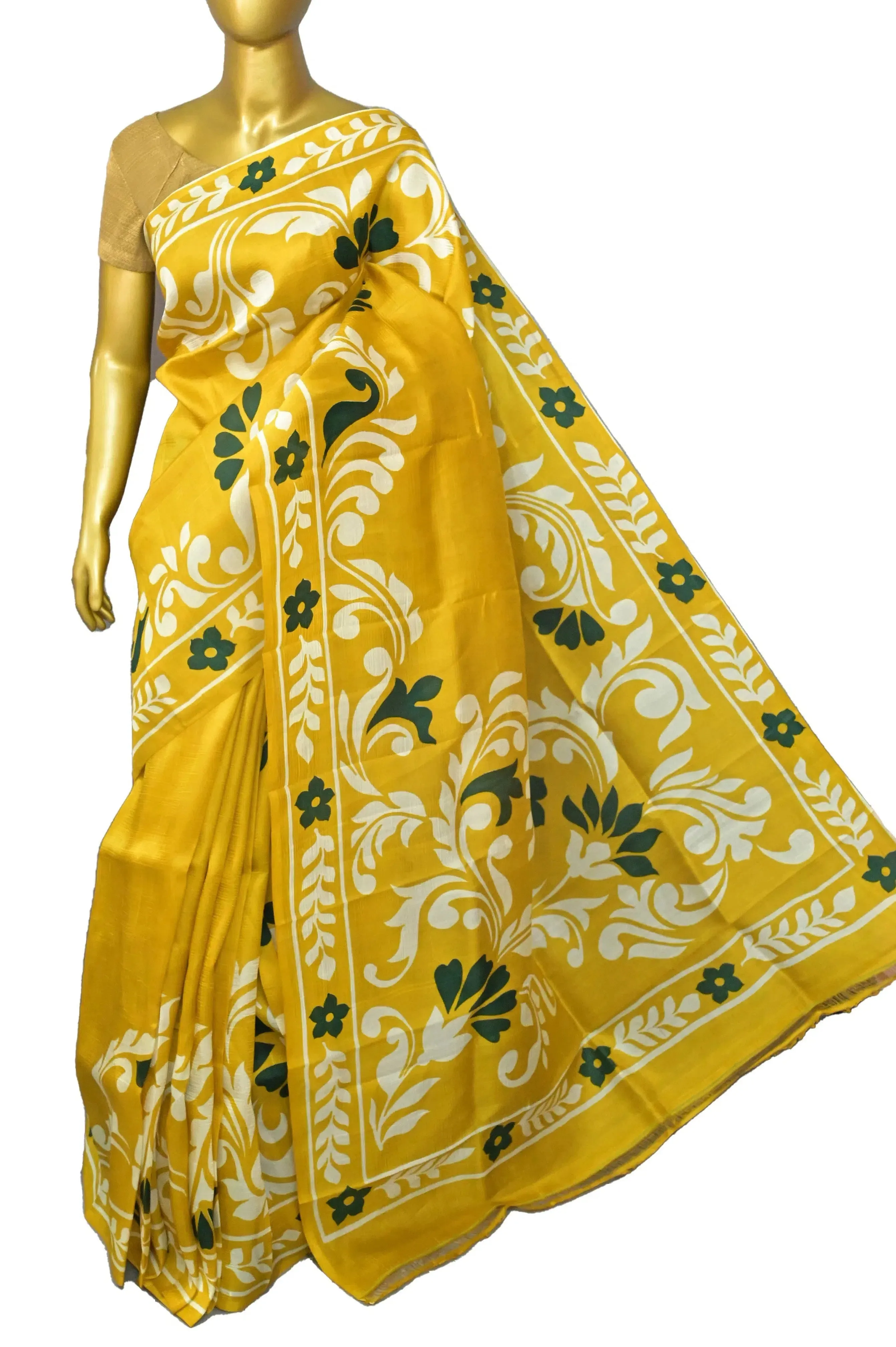 Yellow Color Pure Bishnupur Silk Saree with Hand Block Work