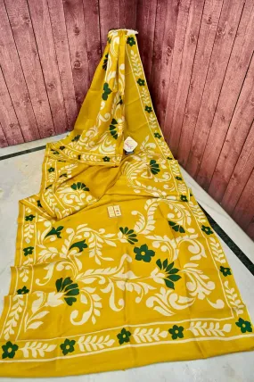 Yellow Color Pure Bishnupur Silk Saree with Hand Block Work